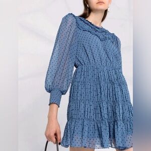 SANDRO GWEN CLIP DOT CHIFFON BLUE MINI DRESS SIZE 34 (EU) 4/6 (USA) LIKE NEW